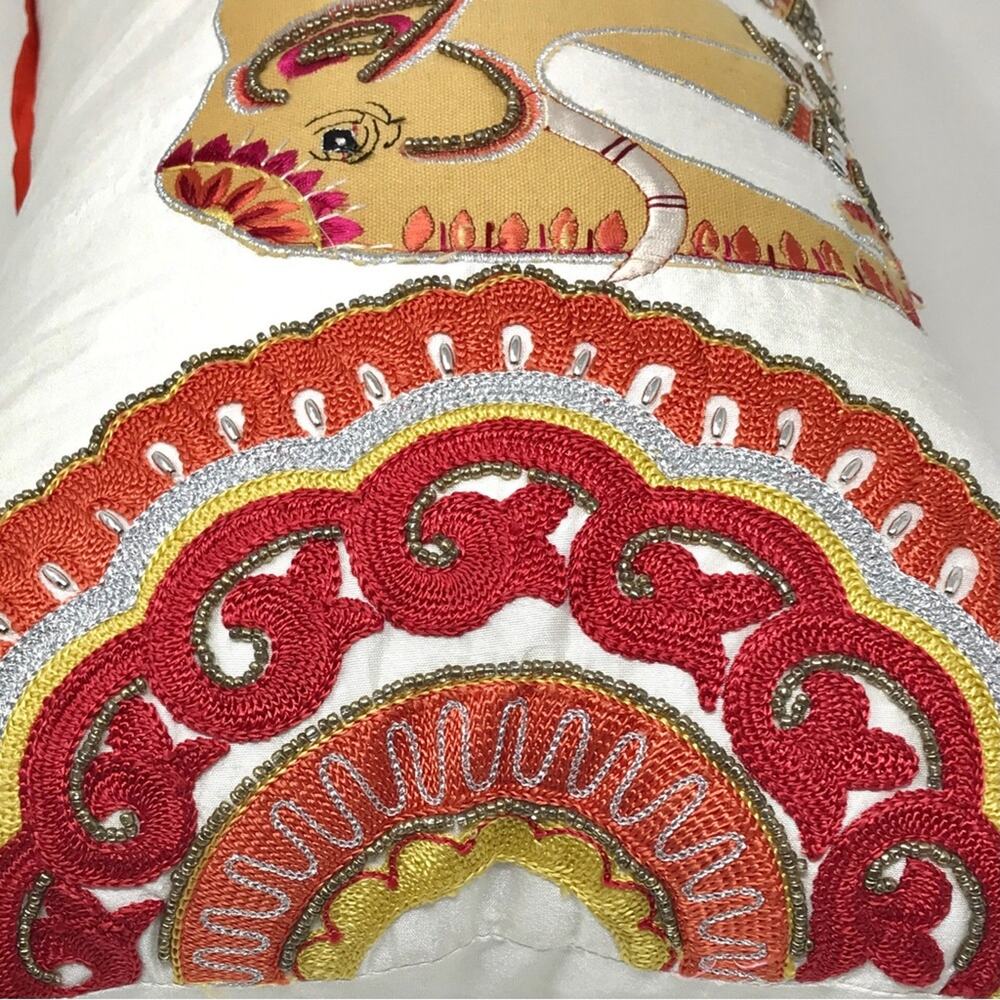Elephant Beaded & Embroidered White Red & Beige Pillow by Atira Designs - Picture 3 of 6